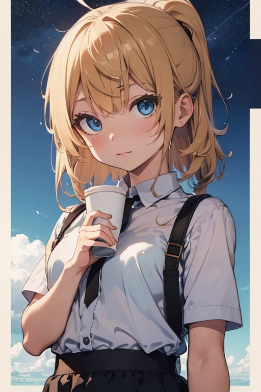 There is a 26-year-old girl holding a cup of coffee in her hand, Nice face girl, Cute natural anime face, He has a nice face - soft -, Sakimi-chan, Chiho, Yoshitomo Nara, Cute young face, Face of a beautiful Japanese girl, Blond hair and big eyes, Cute kawaii girl, Beautiful big, light eyes