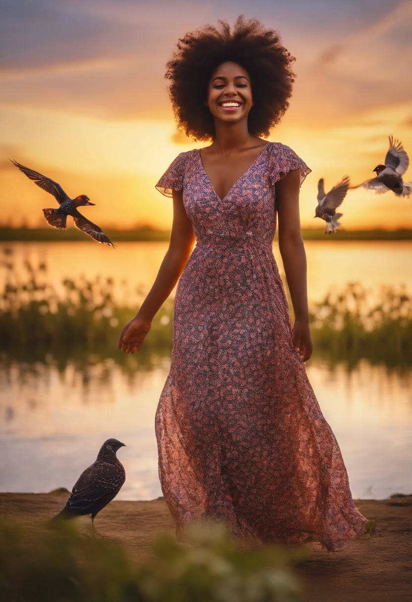 Beautiful young black afro girl in the garden wearing a flowery dress happy and smiling looking at the lake with birds sunset light wind in her curly hair very happy with birds flying people in the background lake sun reflection birds happy dress beautiful people in the background
