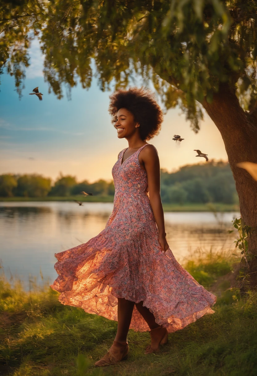 Beautiful young black afro girl in the garden wearing a flowery dress happy and smiling looking at the lake with birds sunset light wind in her curly hair very happy with birds flying people in the background lake sun reflection birds happy dress beautiful people in the background 