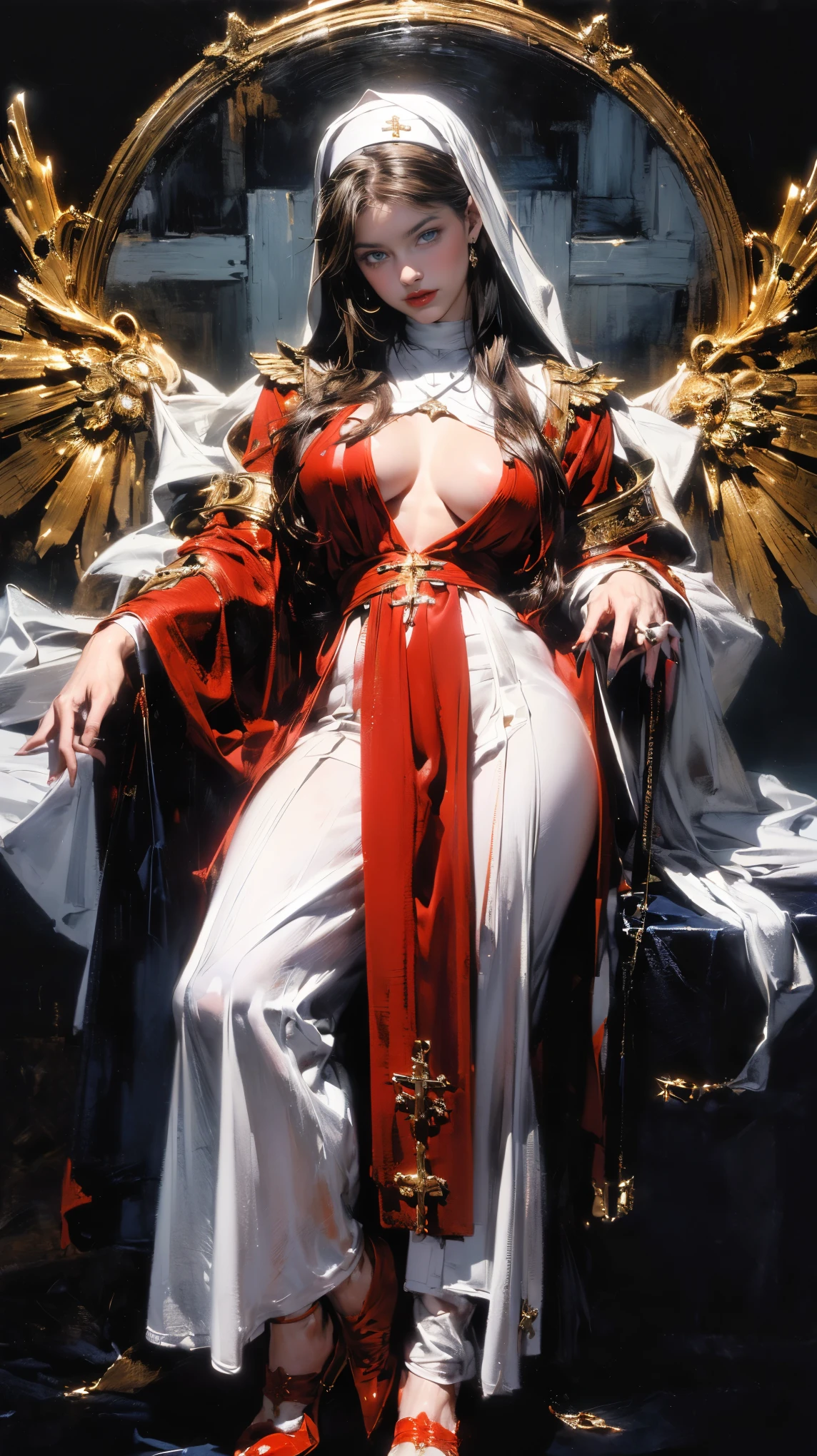 best quality (4K, high resolution, masterpiece:1.2), ultra-detailed, realistic (photo-realistic:1.37), Seraphina, the Inquisitor Rising Star of the Holy Order, ((full body portrait)), ((standing powerfully)), ((wearing elaborate and provocative white and red warrior nun outfit), (reveal cleavages), commanding yet alluring gaze, ((intense blue eyes)), (flowing long fiery brunette hair), intense and determined aura with a hint of divine force, (( white and red color scheme)), (exceptionally detailed:1.3), super finely detailed and strong hands, ultra finely detailed fingers (ten fingers), assertive and intimidating posing, Holy Order headquarters with a sacred, inspiring background.