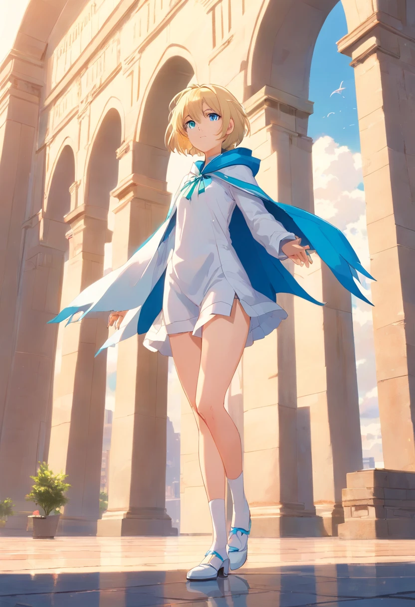 17 years old Women, ((Blonde)), ((Blue eyes)), ((Short hair)), ((Full Body)), standing in front of a monumental arch, looking forward confidently, with large white wings spread, a white hooded tunic tied by a gold ribbon at the waist and an opening that reveals the leg, and white high heels,