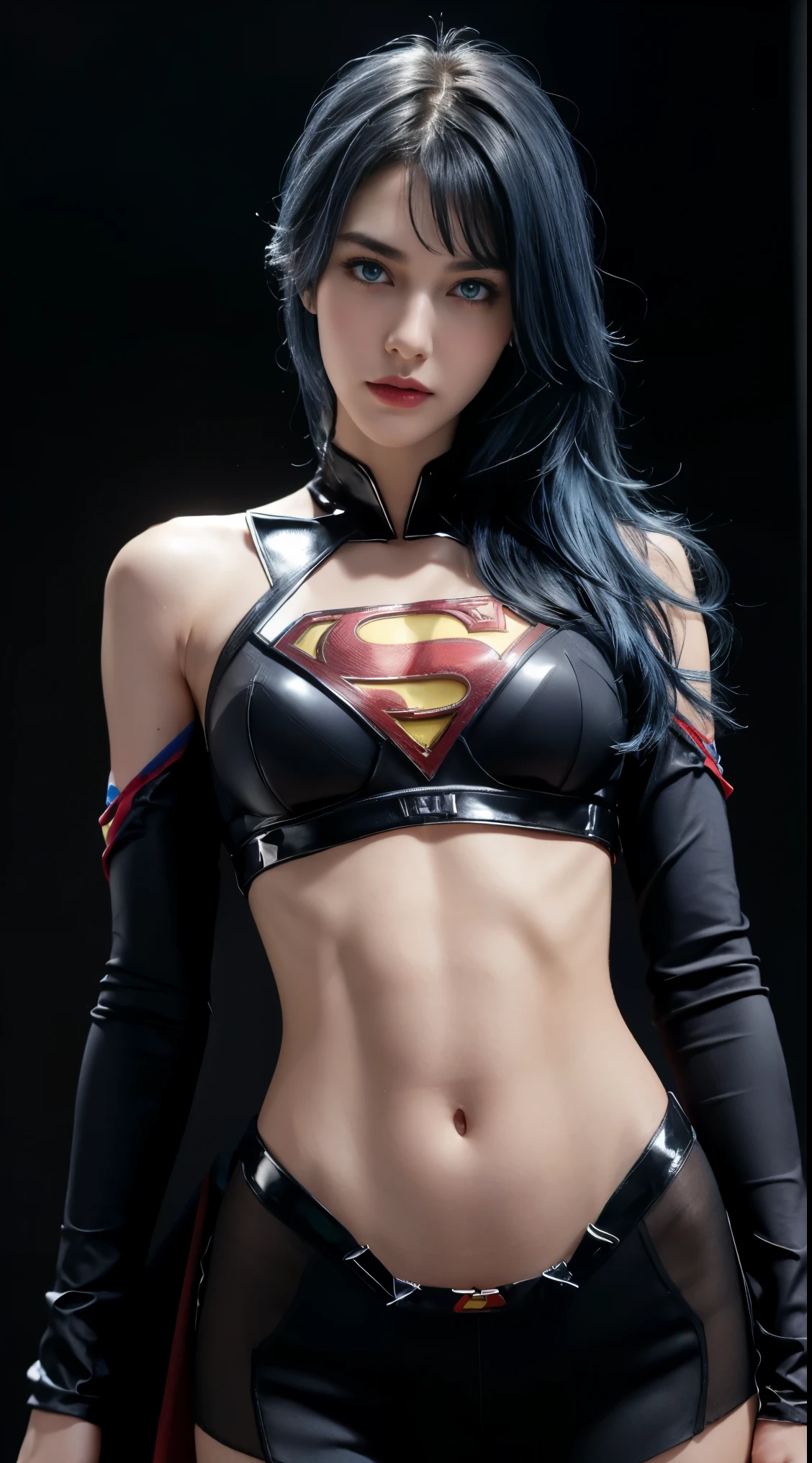8K, Top Quality, Intricate Details, Ultra Detail, Ultra High Resolution, Masterpiece, close up shot, (full body: 1.1), Slender, Smile, (Makeup: 0.4), (Fluffy Blue Eyes: 1.21), (()), 1girl, solo, 1 girl, ((blue hair, bangs)), close up shot, , ((tall)), (((fit body))), (((slim face))), sharp face, (()) ,(detailed face), sharp face, small lips, , , ,
((, )), , ((superman)), detailed face, , Narrow Waist, Skinny, tall , 175 cm tall, Muscular, Navel, Exposed Abdomen, Pointed Chest,, Beautiful girl with accentuated slender abs: 1.4, Six Pack Abs: 1.4, Bust Botox, Big, Perfect Body, detail leg, (( dark background)), black background,
