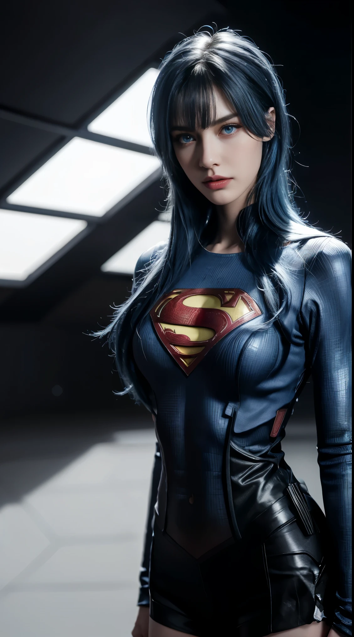8K, Top Quality, Intricate Details, Ultra Detail, Ultra High Resolution, Masterpiece, close up shot, (full body: 1.1), Slender, Smile, (Makeup: 0.4), (Fluffy Blue Eyes: 1.21), (()), 1girl, solo, 1 girl, ((blue hair, bangs)), close up shot, , ((tall)), (((fit body))), (((slim face))), sharp face, (()) ,(detailed face), sharp face, small lips, , , ,
((, )), , ((superman)), detailed face, , Narrow Waist, Skinny, tall , 175 cm tall, Muscular, Navel, Exposed Abdomen, Pointed Chest,, Beautiful girl with accentuated slender abs: 1.4, Six Pack Abs: 1.4, Bust Botox, Big, Perfect Body, detail leg, (( dark background)), black background,