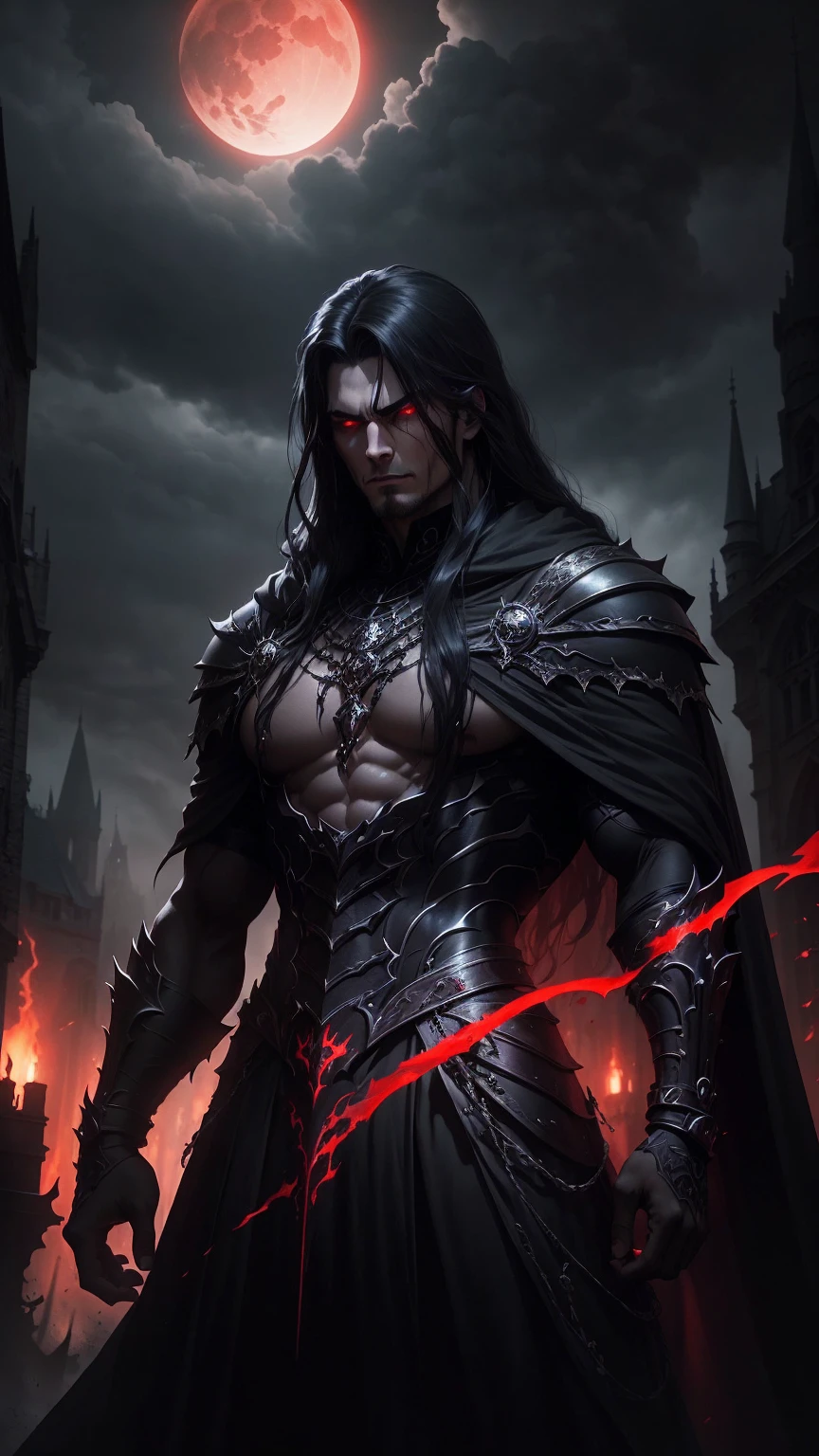 a dark muscular male evil lord, long flowing black hair, black and red cloak, piercing red eyes, menacing expression, powerful aura, standing in a dimly lit chamber,, casting eerie shadows, , adorned with intricate details, with a sinister grin, exuding an aura of darkness, with an intimidating presence, in a gothic castle, with imposing architecture, shrouded in mist, under a blood-red moon, with a storm brewing in the background, creating a foreboding atmosphere, reminiscent of a dark fantasy novel cover, with a dramatic lighting, emphasizing the contrast between light and shadow, evoking a sense of mystery and danger, with a touch of supernatural elements and captivating artistry." no horns