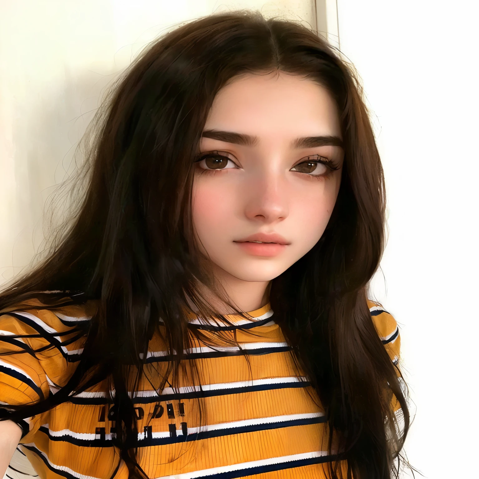 Arafed woman with long brown hair and a striped shirt., 18 years, 19 year old girl, una hermosa adolescente, pale skin suave natural, dilraba dilmurat, chica linda-cara-fina, hermosa joven, brown hair and big eyes, pale skin, suave e impecable, 16 years old