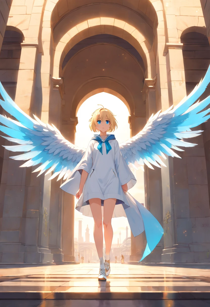  Women, ((Blonde)), ((Blue eyes)), ((Short hair)), ((Full Body)), standing in front of a monumental arch, looking forward confidently, with large ((white wings spread)), a white hooded tunic tied by a gold ribbon at the waist and an opening that reveals the leg, and white high heels,