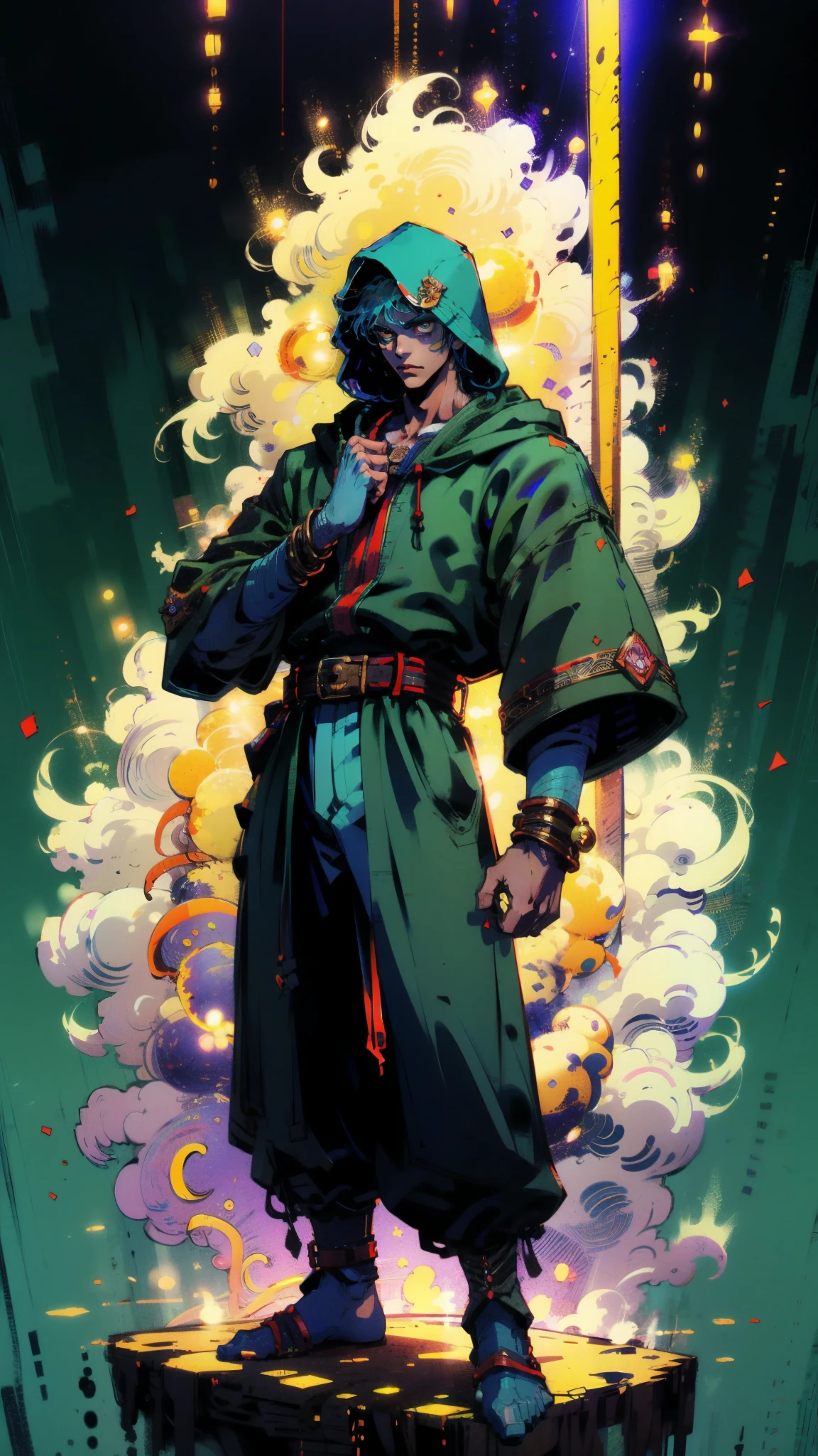 A man with short golden-blue hair, upward-flipped middle part bangs, handsome face, confident expression, golden eyes, he is hooded, a fantasy-style green-purple hooded coat, black undershirt, blue and white shoulder guards, wide cuffs, asymmetrical hem, a green belt buckle, dark blue trousers, his right hand resting behind his back and his left hand raised, stands before a majestic fantasy-style spatial portal, this character embodies a finely crafted fantasy-style sage in anime style, exquisite and mature manga art style, high definition, best quality, highres, ultra-detailed, ultra-fine painting, extremely delicate, professional, perfect body proportions, golden ratio, anatomically correct, symmetrical face, extremely detailed eyes and face, high quality eyes, creativity, RAW photo, UHD, 32k, Natural light, cinematic lighting, masterpiece-anatomy-perfect, masterpiece:1.5