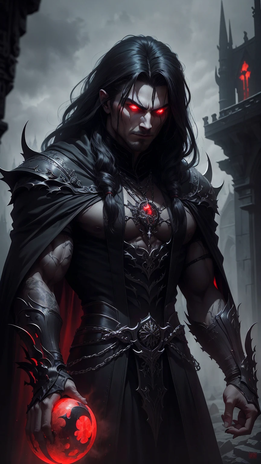 a dark muscular male evil lord, long flowing black hair, black and red cloak, piercing red eyes, menacing expression, powerful aura, standing in a dimly lit chamber,, casting eerie shadows, , adorned with intricate details, with a sinister grin, exuding an aura of darkness, with an intimidating presence, in a gothic castle, with imposing architecture, shrouded in mist, under a blood-red moon, with a storm brewing in the background, creating a foreboding atmosphere, reminiscent of a dark fantasy novel cover, with a dramatic lighting, emphasizing the contrast between light and shadow, evoking a sense of mystery and danger, with a touch of supernatural elements and captivating artistry." no horns