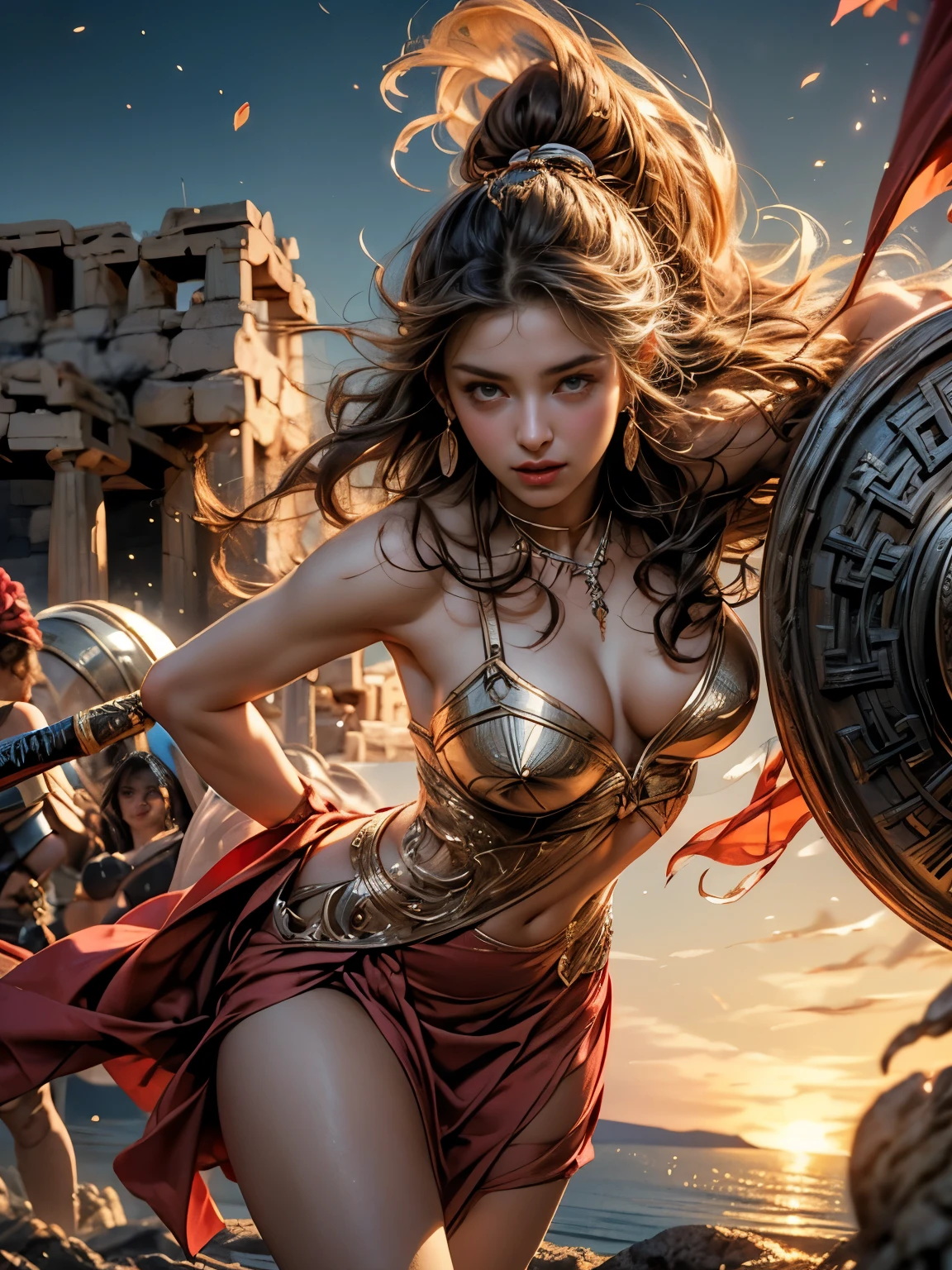 (8K, highest quality, masterpiece),(Realistic, RAW Photos, Super Fine Clear), Realistic Light, Detailed skin, Beautiful girl, ((25-year-old girl, Greek mythology Nikke:1.5)), Thin legs, fine grain, white long hair, Detailed fingers, thin, Sexual, Ecstasy facial expression, (Super big boucing firm bust), The chest part of the dress is wide open, Chest exposed, (deep scarlet dress), (flower garden, Flower storm), sun set, lakeside, (in battle:1.5), in battle, sword and shield