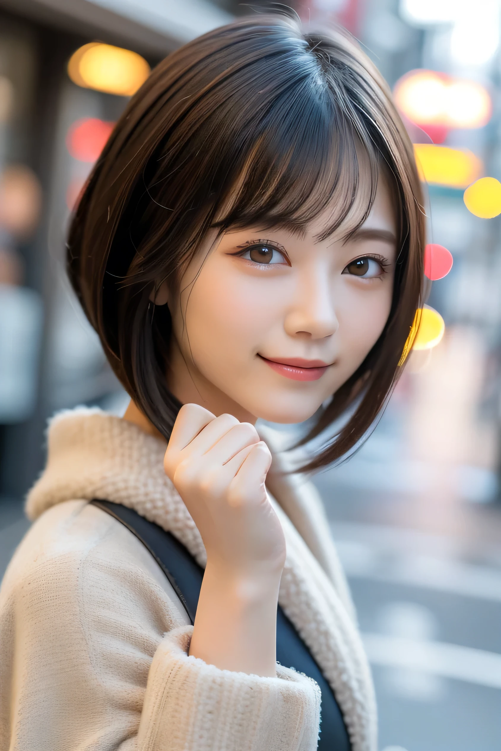 Tabletop, highest quality, profile, Very detailed, finely, High resolution, 8k wallpaper, Dynamic composition, Beautiful and detailed, Tokyo Trends冬ファッション,Tokyo Trends&Random Cute Hairstyles, Small breasts, Natural color lip, Random Idol Pose,Cute Smile,20-year-old girl、Beautiful and elaborate face、Perfect and beautiful face,Big eyes、Wear a fluffy black outerwear with fur、Beautiful and elaborate face、Perfect and beautiful double eyelids、Blur the background、Perfect and beautiful face、Feminine poses、Blur the background、Slim face and figure、Blur the background、Facial Light、Bright lighting、Professional Lighting、Forward lighting、A kind smile、Model pose、