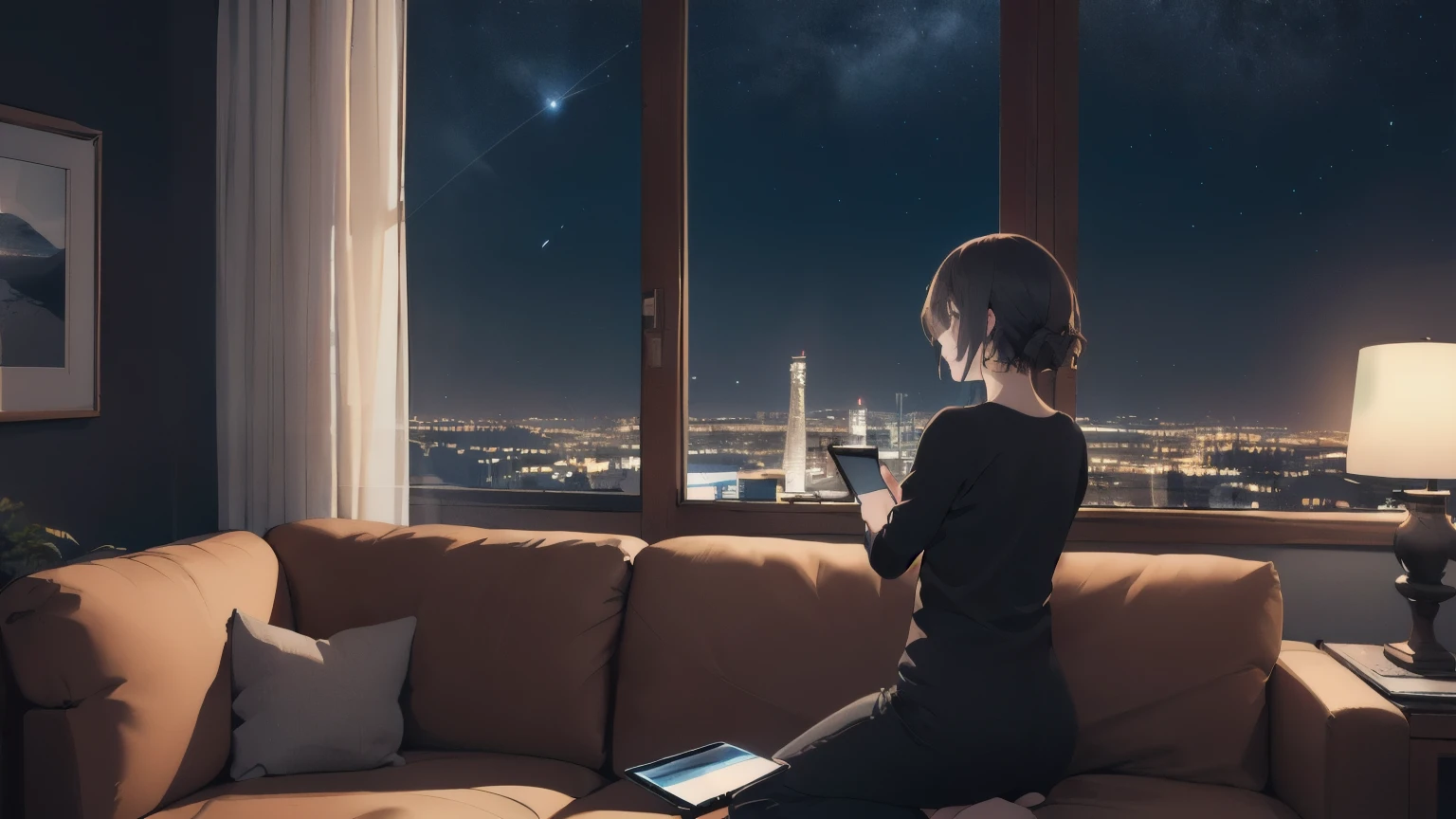 (RAW Photos, highest quality), One girl, Night Sky, Mature Woman, Dark living room,Sitting on the sofa,Perfect spot lighting,Smartphone in one hand,Looking out