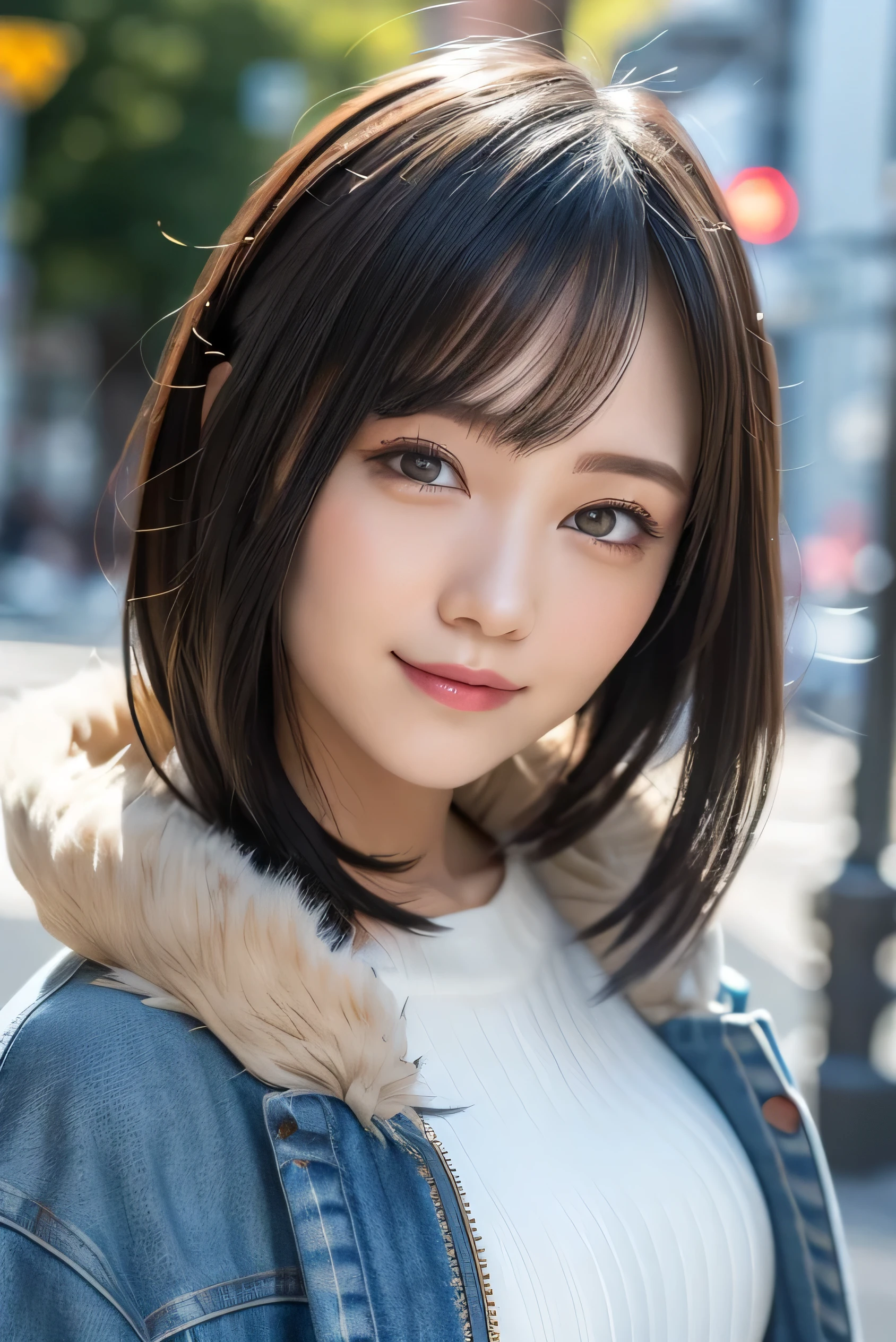 Tabletop, highest quality, profile, Very detailed, finely, High resolution, 8k wallpaper, Dynamic composition, Beautiful and detailed, Tokyo Trends冬ファッション,Tokyo Trends&Random Cute Hairstyles, Small breasts, Natural color lip, Random Idol Pose,Cute Smile,20-year-old girl、Beautiful and elaborate face、Perfect and beautiful face,Big eyes、Wear a fluffy black outerwear with fur、Beautiful and elaborate face、Perfect and beautiful double eyelids、Blur the background、Perfect and beautiful face、Feminine poses、Blur the background、Slim face and figure、Blur the background、Facial Light、Bright lighting、Professional Lighting、Forward lighting、A kind smile、Model pose、