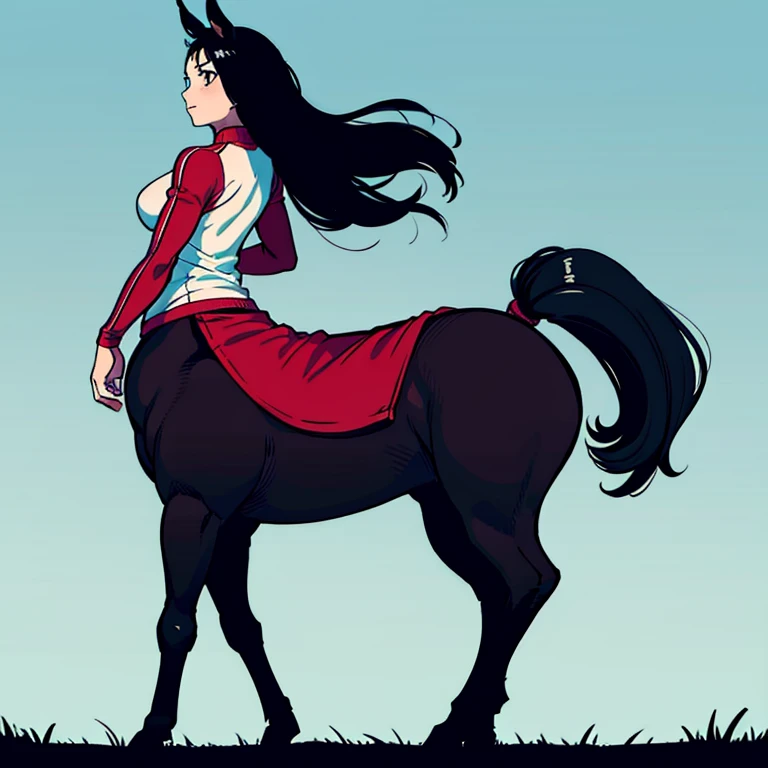 The Centaur Women.
Their image color is white.、black、Tea wait.
All of them are wearing sportswear with different patterns..
Their hairstyles expose their foreheads.
They all have different hairstyles.
All of them have female riders on their backs..
The female rider wears the same sportswear as the female centaur she is riding..
Everyone in the paddock looking towards the camera before the race starts
