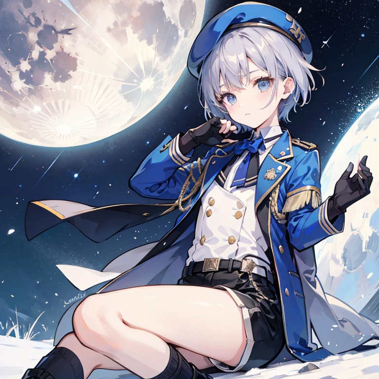 Blue military uniform　Shota　10 year old boy　Hair color is silver　Eye color: blue　Short hairstyle　Shorts　night　The moon is visible and the stars are shining　people数は１people　beret　Gloves up to the wrist　The gloves are black with blue jewels