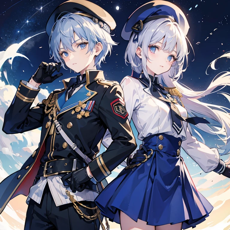 Blue military uniform　Shota　10 year old boy　Hair color is silver　Eye color: blue　Short hairstyle　Shorts　night　The moon is visible and the stars are shining　people数は１people　beret　Gloves up to the wrist　The gloves are black with blue jewels