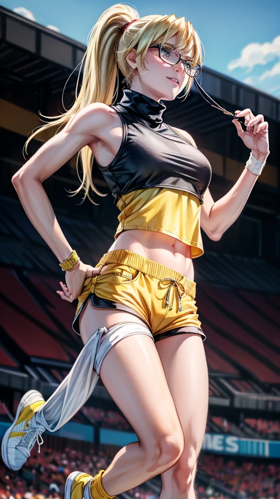 High Definition CG8K Wallpaper), (Very Delicate and Beautiful), (Best Quality:1.0), (Ultra High Definition:1.0), (Very Delicate Hair), Realistic Shadows, [High Definition], Detail Skin, (Very Delicate Eyes), Cheerleader, (Full Body), Big Breasts, Sweat-Wet Clothes, Yellow Clothes, Mini Skirt, Navel Cheer, School Gym, (Jump), (JUMP), Jumping with Legs Bent, Air, Smile, Glitter Background