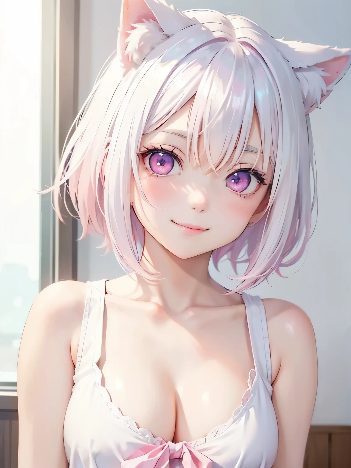 White hair. Short hair. Inner pink hair. Anime girl. Pink eyes. Glowing eyes. Nekomimi. Smiling. Tanktop. Small breast. Cleavage.