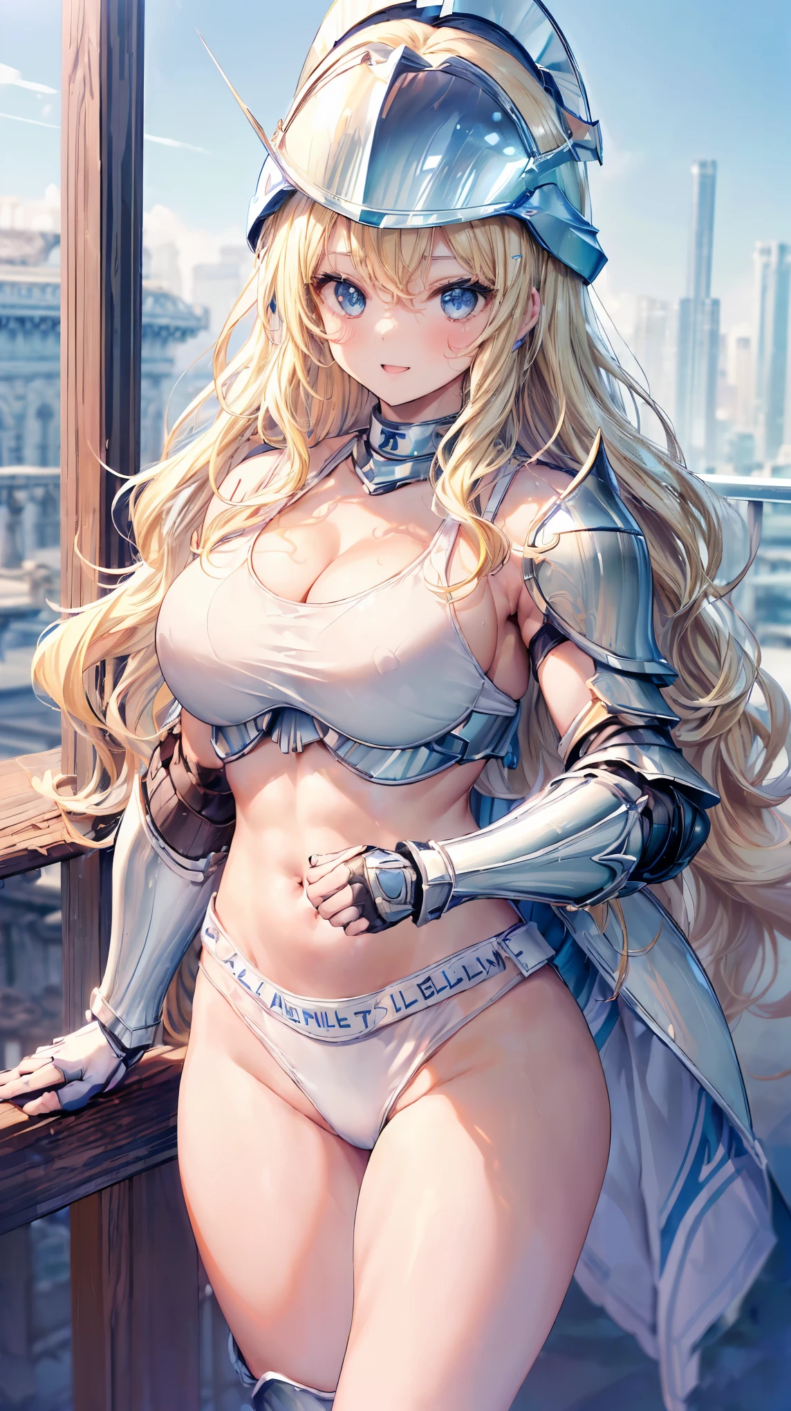 (Adult women:1.5)、Very detailed、highest quality、Best image quality、masterpiece、8k、Anime Face、A kind smile、Open your mouth、Sparkling blue eyes、(Blonde Wavy Hair:1.5)、、Muscles of the whole body、camisole、Thigh belt、mini skirt、(Wearing white bikini armor:1.5)、(Cowboy Shot:1.5)、(Leg armor:1.5)、(Wearing a helmet:1.5)