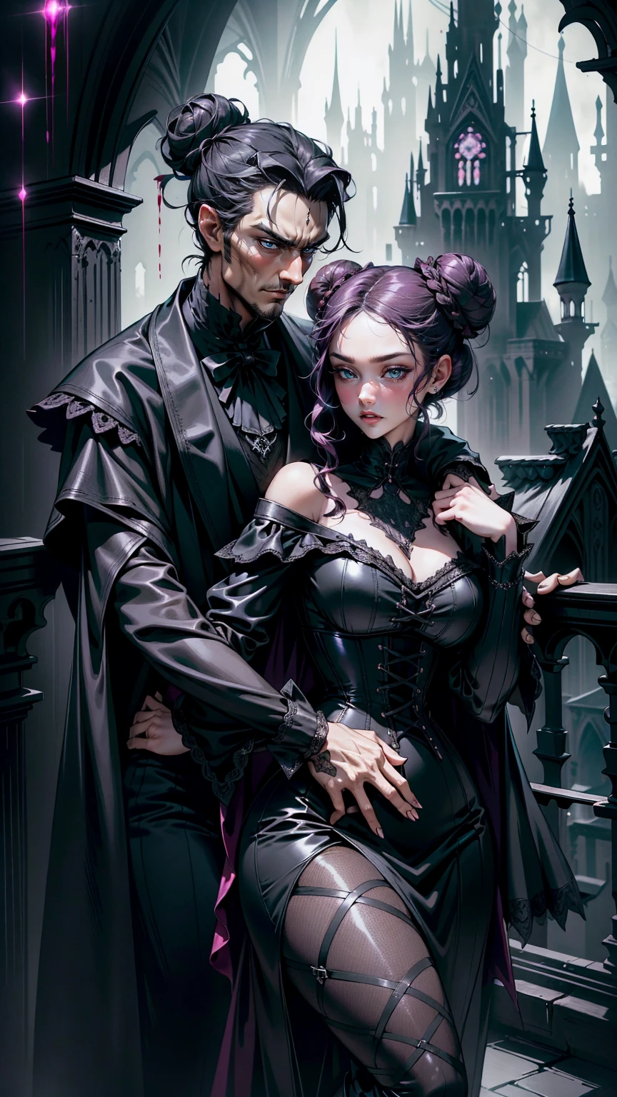 (masterpiece, top quality, best quality, official art, beautiful and aesthetic: 1.2), (1 woman: 1.3), 40 years old, long curly dark brown hair, ((fancy bun)), Victorian style, Victorian classic, extremely detailed, portrait, looking at the viewer, solo, (full body: 0.6), detailed background, close-up, mischievous eyes, (cold midnight castle theme: 1.1), vampire, long fangs, blood on chin, huge lips, charlatan, mischievous smile, mysterious, being seductive on the balcony, revealing gothic dress, extremely tight bodice, black costume, magenta skirts, off-the-shoulder, long sleeves, loose sleeves, black leather , cape, corset, black dress, fishnets, black high boots, buckles, straps, bags, glowing blood magic energy, dark magenta fabric, silver trim, black leather, extremely slim, slim waist, slim hips, medieval background (gothic castle exterior: 1.1), nocturnal, dark and mysterious lighting, shadows, magical atmosphere, Dancing lightly, with chin resting on shoulder, abigail larson art style.  Very sexy, with chin resting on shoulder, abigail larson art style, upper body