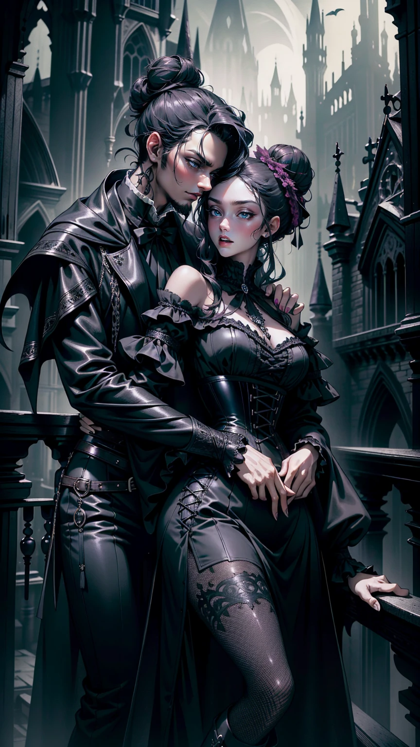 (masterpiece, top quality, best quality, official art, beautiful and aesthetic: 1.2), (1 woman: 1.3), 40 years old, long curly dark brown hair, ((fancy bun)), Victorian style, Victorian classic, extremely detailed, portrait, looking at the viewer, solo, (full body: 0.6), detailed background, close-up, mischievous eyes, (cold midnight castle theme: 1.1), vampire, long fangs, blood on chin, huge lips, charlatan, mischievous smile, mysterious, being seductive on the balcony, revealing gothic dress, extremely tight bodice, black costume, magenta skirts, off-the-shoulder, long sleeves, loose sleeves, black leather , cape, corset, black dress, fishnets, black high boots, buckles, straps, bags, glowing blood magic energy, dark magenta fabric, silver trim, black leather, extremely slim, slim waist, slim hips, medieval background (gothic castle exterior: 1.1), nocturnal, dark and mysterious lighting, shadows, magical atmosphere, Dancing lightly, with chin resting on shoulder, abigail larson art style.  Very sexy, with chin resting on shoulder, abigail larson art style, upper body