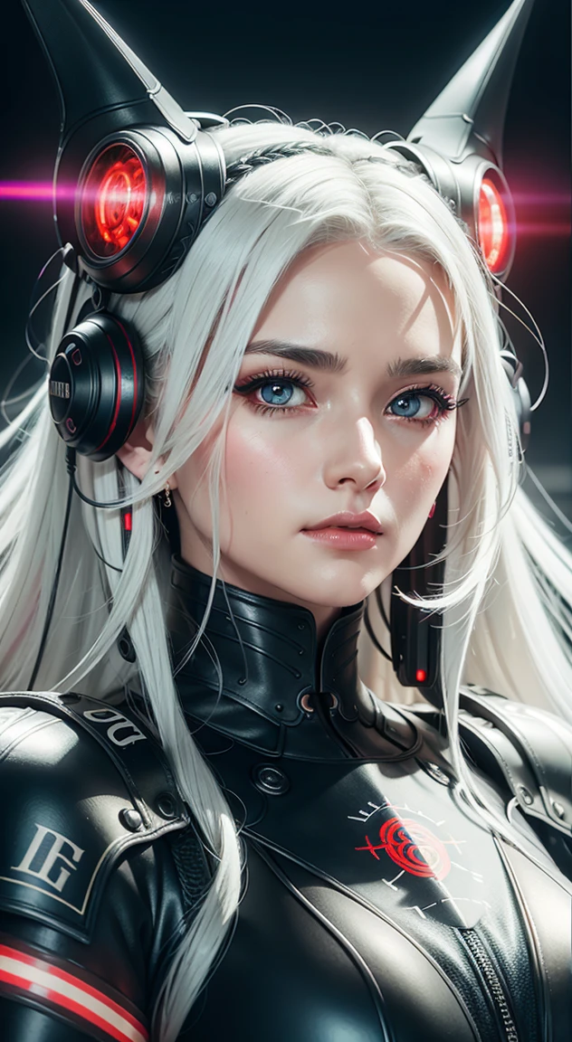 Portrait of a beautiful girl with wavy white hair, wearing a formal black dress with metal parts, red eyes, monograms in the background, digital painting, dark colors, 8k, complex details, vintage, retro futuristic style, sharp focus on the center, pastel colors, art station, (sci-fi, future, future theme), (facial expression looking with disdain), (detailed illustration)
