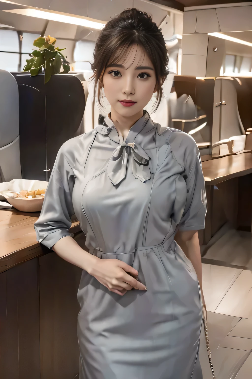 Starlux Airlines silver short sleeve uniform、Earrings、Captivating look、Long hair updo、Evening updo、Young Asian Woman