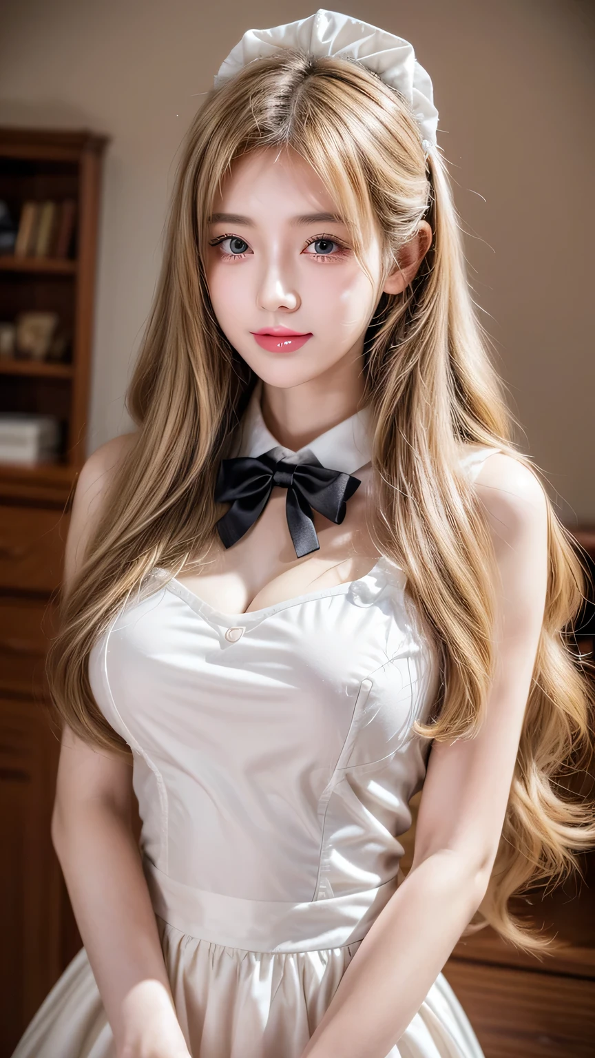 18 years old beautiful girl, big eyes, Large Breasts, tiny and cute, 8k, top quality, (Very detailed head: 1.0), (very detailed face: 1.0), (Very detailed head发: 1.0), maid uniform, Very detailed official artwork, Anime cute art style, Clean and detailed anime art, Smile, blond hair, Long smooth hair