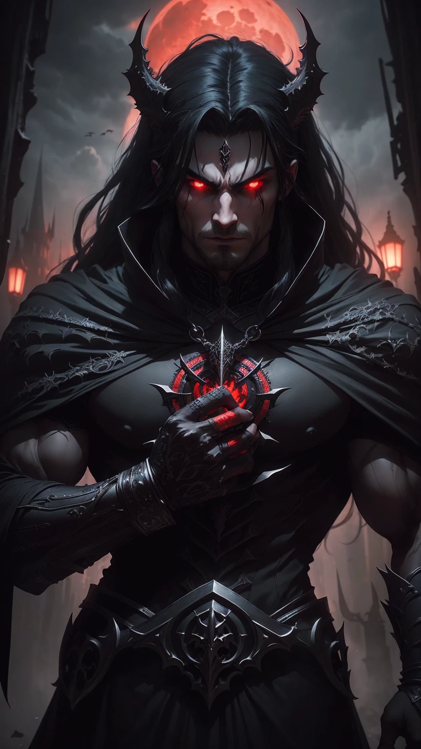 a dark muscular male evil lord, long flowing black hair, black and red cloak, piercing red eyes, menacing expression, powerful aura, standing in a dimly lit chamber,, casting eerie shadows, , adorned with intricate details, with a sinister grin, exuding an aura of darkness, with an intimidating presence, in a gothic castle, with imposing architecture, shrouded in mist, under a blood-red moon, with a storm brewing in the background, creating a foreboding atmosphere, reminiscent of a dark fantasy novel cover, with a dramatic lighting, emphasizing the contrast between light and shadow, evoking a sense of mystery and danger, with a touch of supernatural elements and captivating artistry." no horns