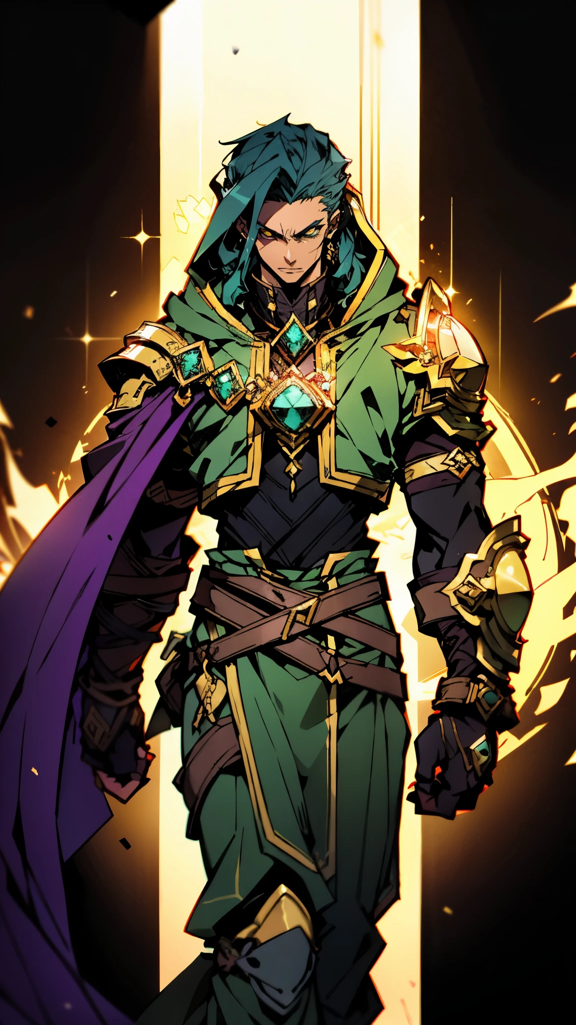 A man with short golden-blue hair, upward-flipped middle part bangs, handsome face, confident expression, golden eyes, he is hooded, a fantasy-style green-purple hooded coat, black undershirt, blue and white shoulder guards, wide cuffs, asymmetrical hem, a green belt buckle, dark blue trousers, his right hand resting behind his back and his left hand raised, stands before a majestic fantasy-style spatial portal, this character embodies a finely crafted fantasy-style sage in anime style, exquisite and mature manga art style, high definition, best quality, highres, ultra-detailed, ultra-fine painting, extremely delicate, professional, perfect body proportions, golden ratio, anatomically correct, symmetrical face, extremely detailed eyes and face, high quality eyes, creativity, RAW photo, UHD, 32k, Natural light, cinematic lighting, masterpiece-anatomy-perfect, masterpiece:1.5