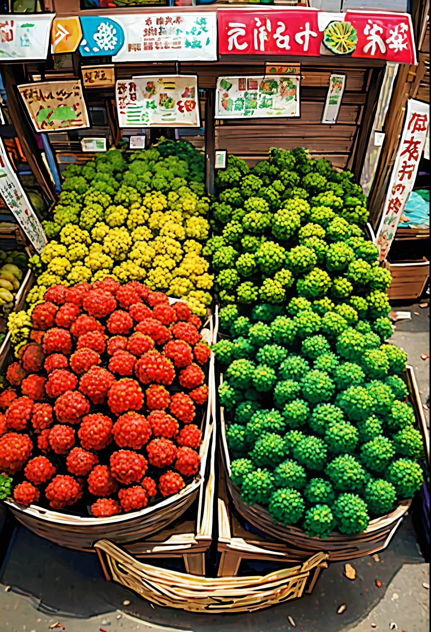 Colourful vegetables in the village vegetable market."