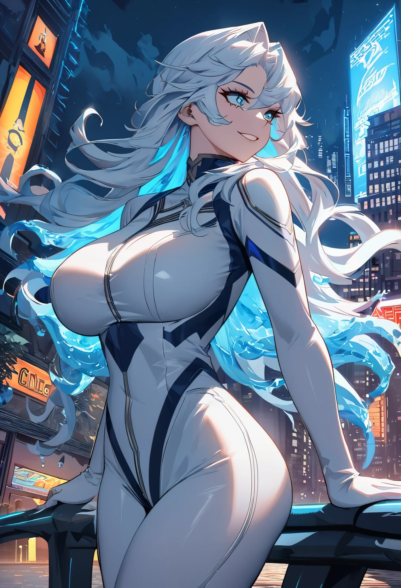 Create an anime-style Boku no hero academia digital art of a female superhero with a cityscape as a background... The heroine must have bold and dramatic features., Cabello largo azul celeste y ojos lilas, con gotas de agua en su cabello.., wearing a tight-fitting white hero suit with sleek details and lines. Your expression should be smiling but calm..., big breasts and she should be in a dynamic pose her hair is shaped like water, puede controlar el agua y el hielo a su voluntad , ready for action. The cityscape should be a mix of classical baroque architecture and skyscrapers. ., with bright neon lights and a hard, ambiente . The overall color scheme should be dramatic.., con blues