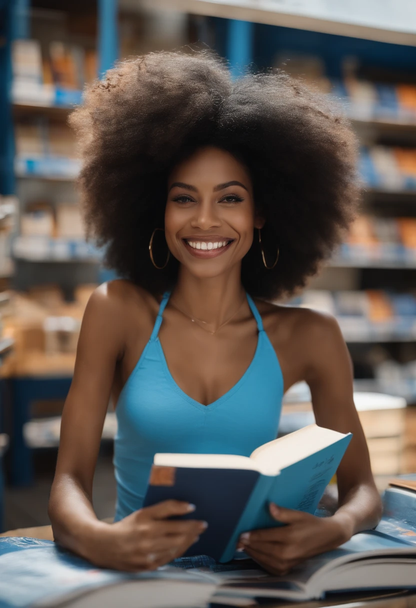 Linda jovem negra afro no shopping usando um short branco blusa azul feliz e sorridente com seus cabelos cacheados segurando um livro muito feliz pessoas no fundo feliz linda pessoas ao fundo