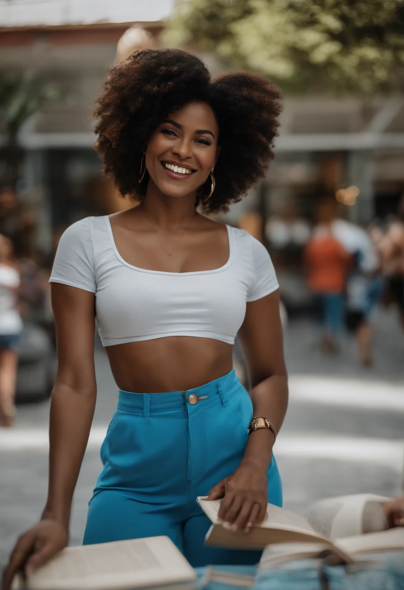 Linda jovem negra afro no shopping usando um short branco blusa azul feliz e sorridente com seus cabelos cacheados segurando um livro muito feliz pessoas no fundo feliz linda pessoas ao fundo