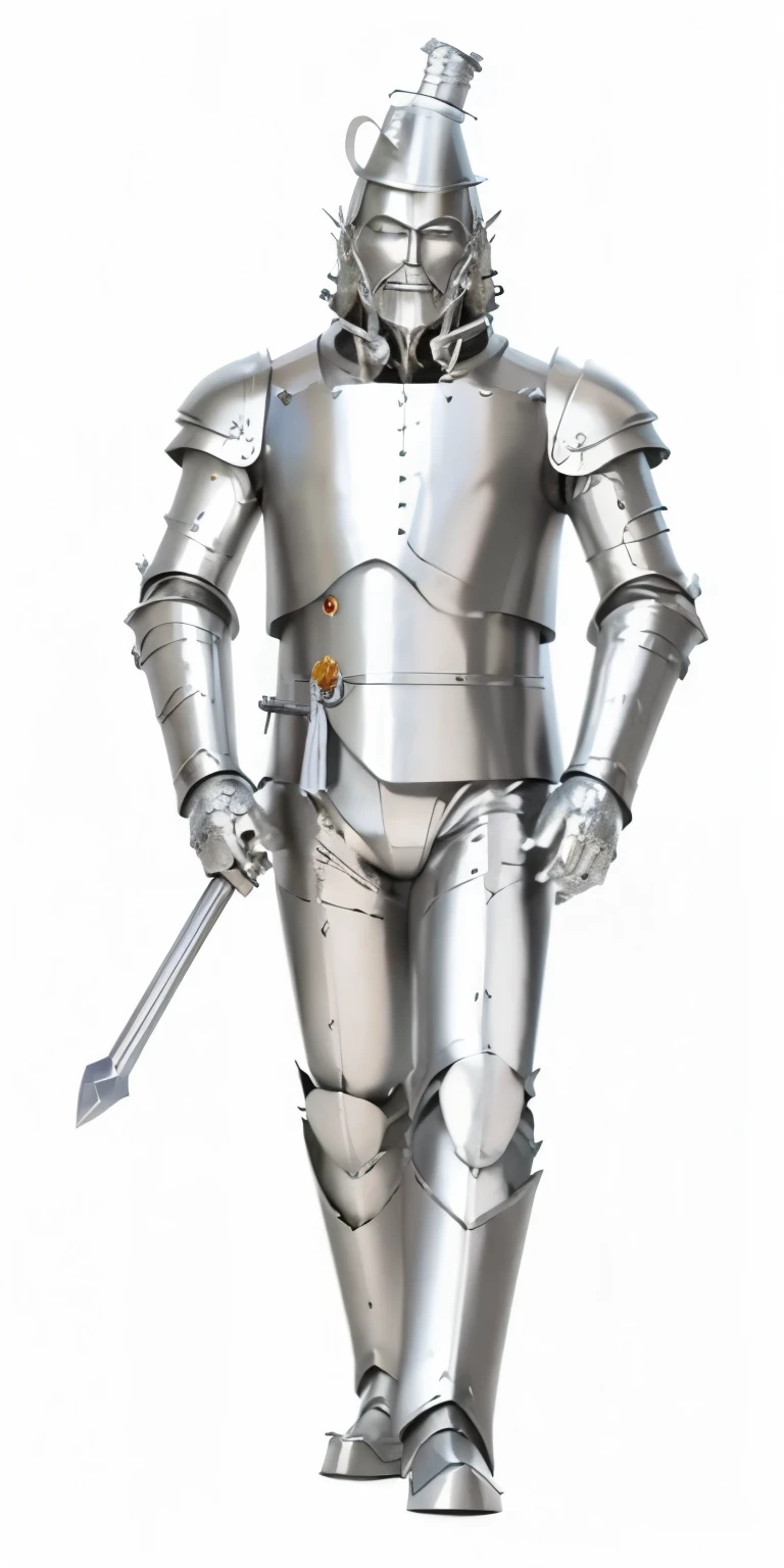 ​masterpiece, Best Quality, 4k, Background white. Full body of the Tin man from the wizard of Oz. Very cool. Facing his right. Very realistic and cool. Brave expression. Intricate detail. Fantasy style
