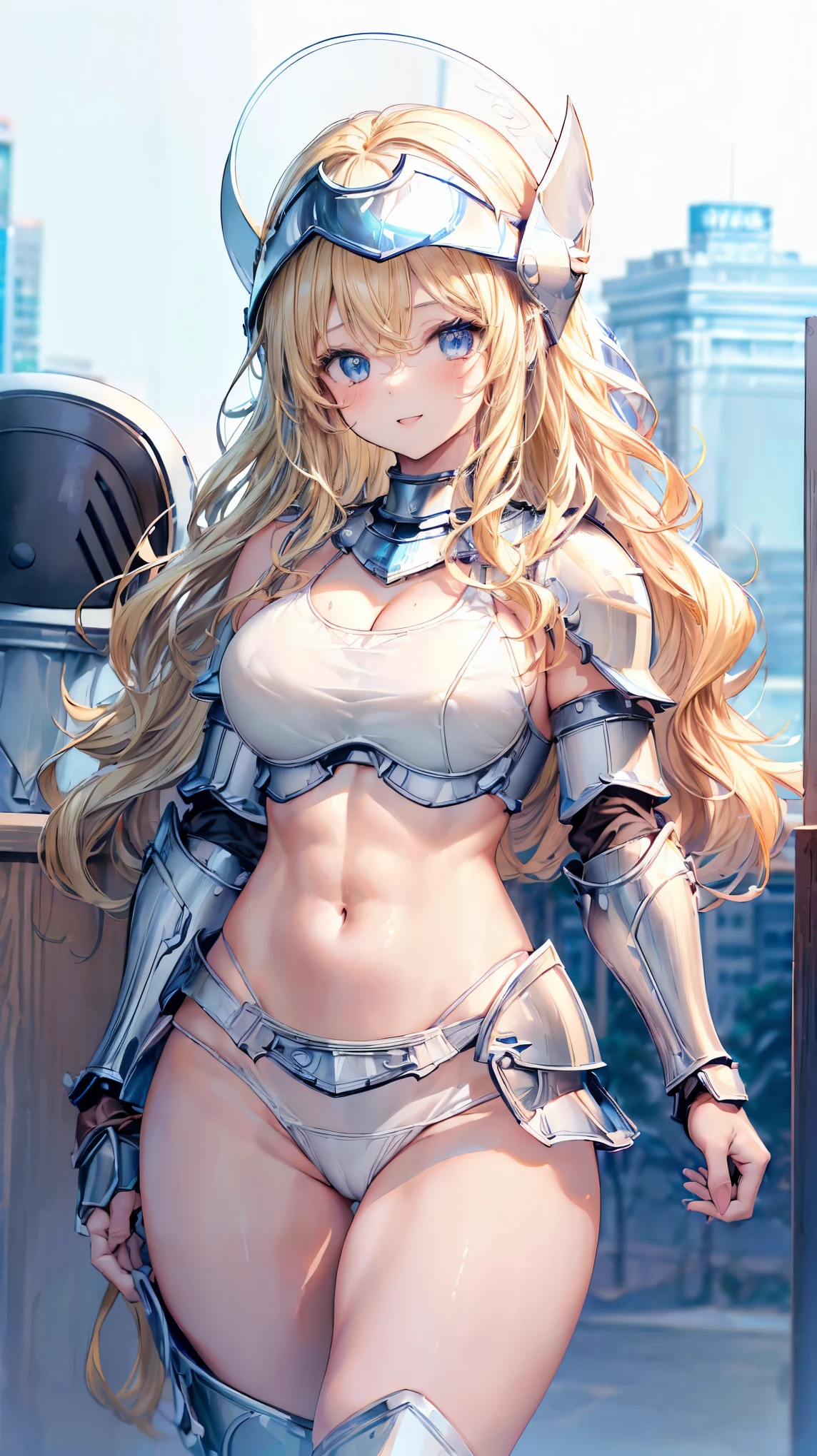(Adult women:1.5)、Very detailed、highest quality、Best image quality、masterpiece、8k、Anime Face、A kind smile、Open your mouth、Sparkling blue eyes、(Blonde Wavy Hair:1.5)、、Muscles of the whole body、camisole、Thigh belt、mini skirt、(Wearing white bikini armor:1.5)、(Cowboy Shot:1.5)、(Leg armor:1.5)、(Wearing a helmet:1.5)