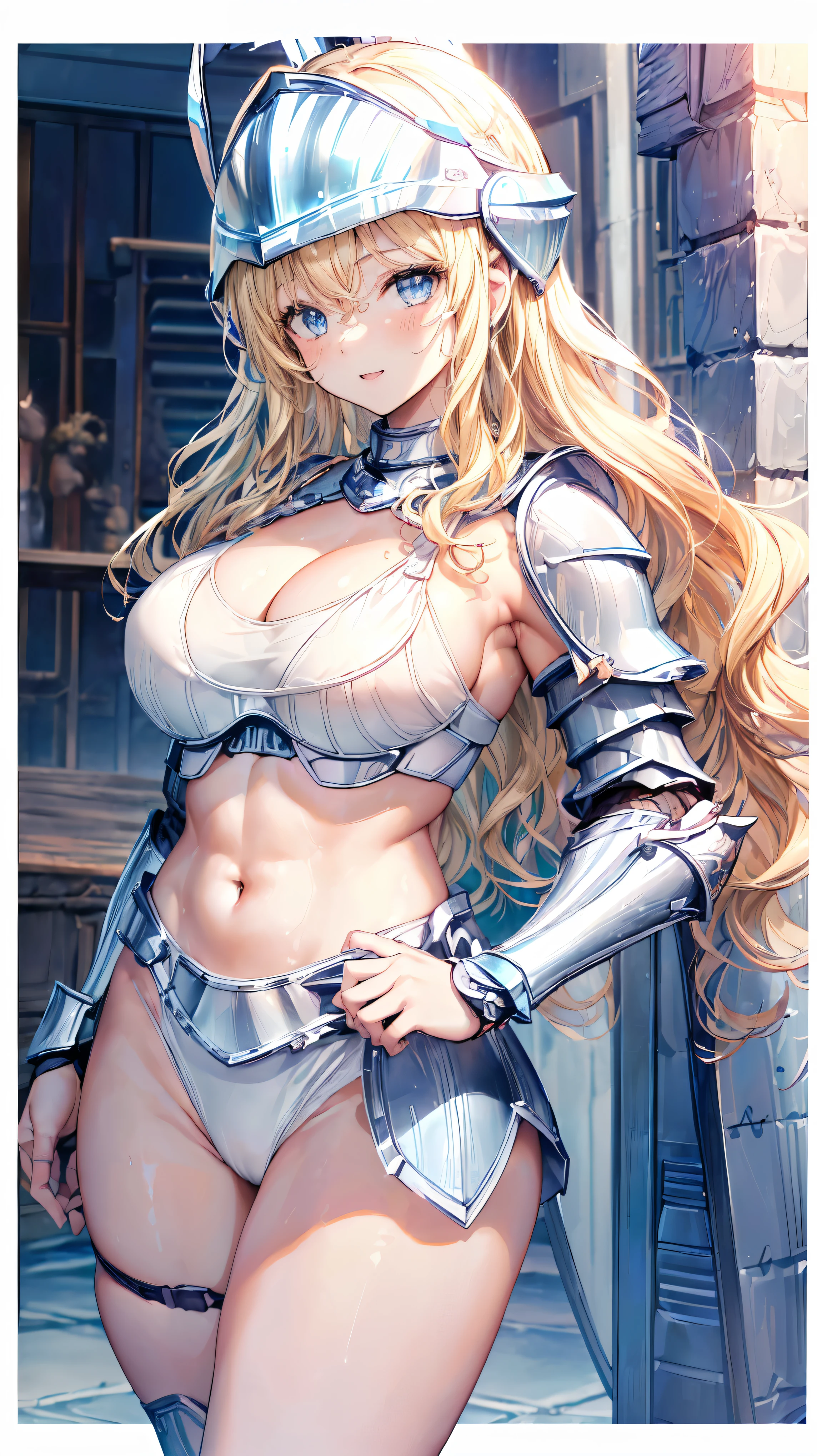 (Adult women:1.5)、Very detailed、highest quality、Best image quality、masterpiece、8k、Anime Face、A kind smile、Open your mouth、Sparkling blue eyes、(Blonde Wavy Hair:1.5)、、Muscles of the whole body、camisole、Thigh belt、mini skirt、(Wearing white bikini armor:1.5)、(Cowboy Shot:1.5)、(Leg armor:1.5)、(Wearing a helmet:1.5)