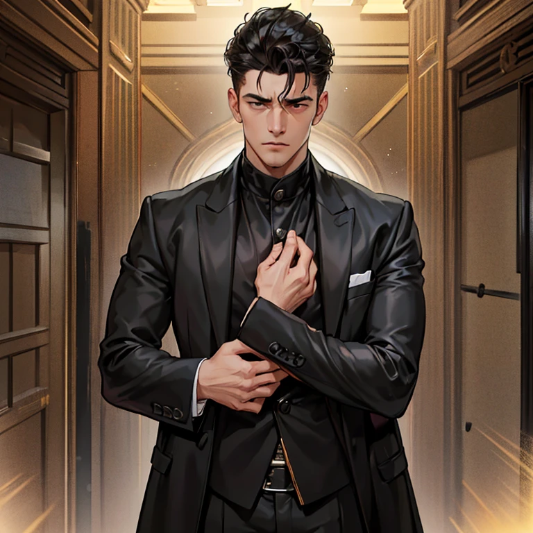 A handsome man, clad in a black jacket, his expression heavy with sorrow and distress, struggling with a profound issue—be it economic hardship, relationship woes, or familial discord. His eyes reflect a deep sadness as he navigates through the complexities of his situation, grappling with the weight of his emotions.