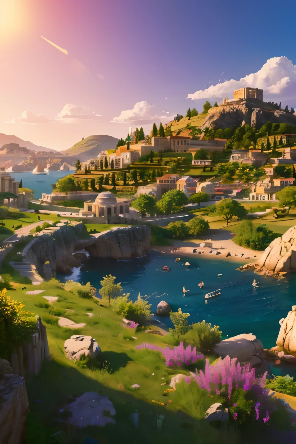 Landscape picture of ancient Greece in its prime with some buildings in the rocky hills on a sunny day stylized in psychedelic 2.5D