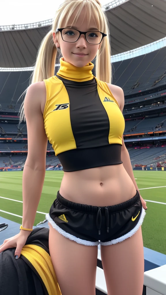 beautiful girl runner, 16 years old, Prepare to practice running, Lean over to tie your shoelaces..........................., Blond hair, Ponytail, bangs, Smile a little..........................., Wear glasses, ((Wear a sleeveless sports bar..........................., turtleneck, black and yellow shorts, (underboob))), The abdomen has sexy lines..........................., yellow running shoes, in the stadium stands, anime, high-res