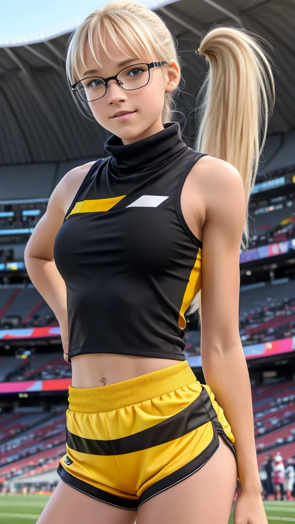 beautiful girl runner, 16 years old, Prepare to practice running, Lean over to tie your shoelaces..........................., Blond hair, Ponytail, bangs, Smile a little..........................., Wear glasses, ((Wear a sleeveless sports bar..........................., turtleneck, black and yellow shorts, (underboob))), The abdomen has sexy lines..........................., yellow running shoes, in the stadium stands, anime, high-res