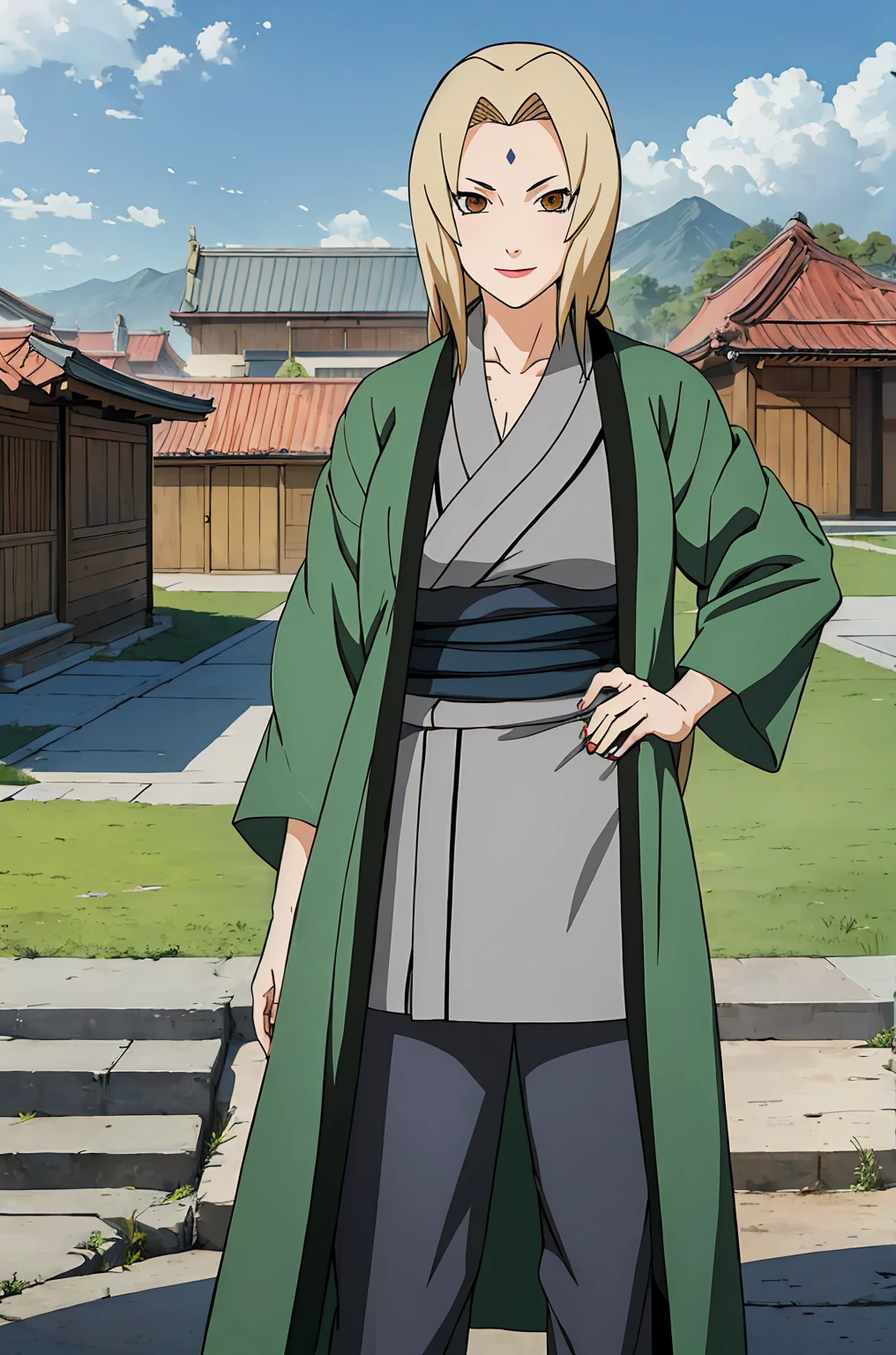 (masterpiece, highest quality:1.2), alone, One Girl, Tsunade Defense, Forehead mark, smile, View your audience, Hands on hips, kimono, Green haori, Gray kimono, sash, pants 