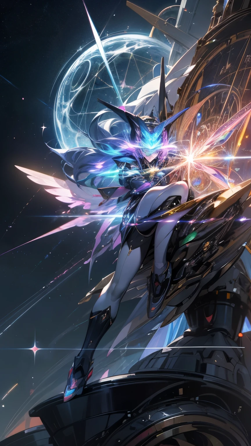 best quality, super fine, 16k, incredibly absurdres, extremely detailed, cool beautiful mecha, heptagram, iridescent neon light shooting into the sky from the top of seven-pointed star, kaleidoscope floating in the sky, beautiful, cool, cute, the moment of the birth of life, planetarium-like design artwork