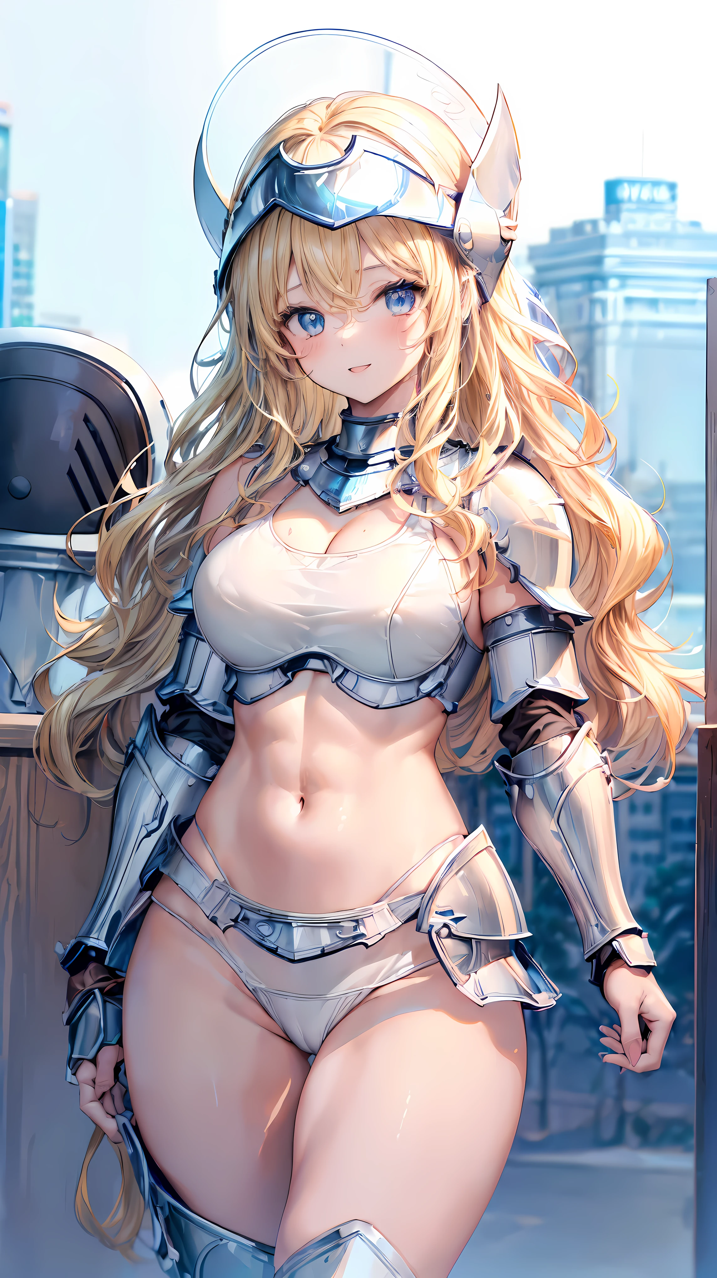 (Adult women:1.5)、Very detailed、highest quality、Best image quality、masterpiece、8k、Anime Face、A kind smile、Open your mouth、Sparkling blue eyes、(Blonde Wavy Hair:1.5)、、Muscles of the whole body、camisole、Thigh belt、mini skirt、(Wearing white ?????? armor:1.5)、(Cowboy Shot:1.5)、(Leg armor:1.5)、(Wearing a helmet:1.5)
