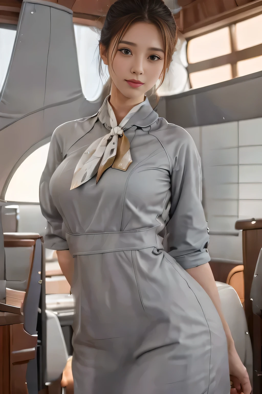 Starlux Airlines silver short sleeve uniform、Earrings、Captivating look、Long hair updo、Evening updo、Young Asian Woman