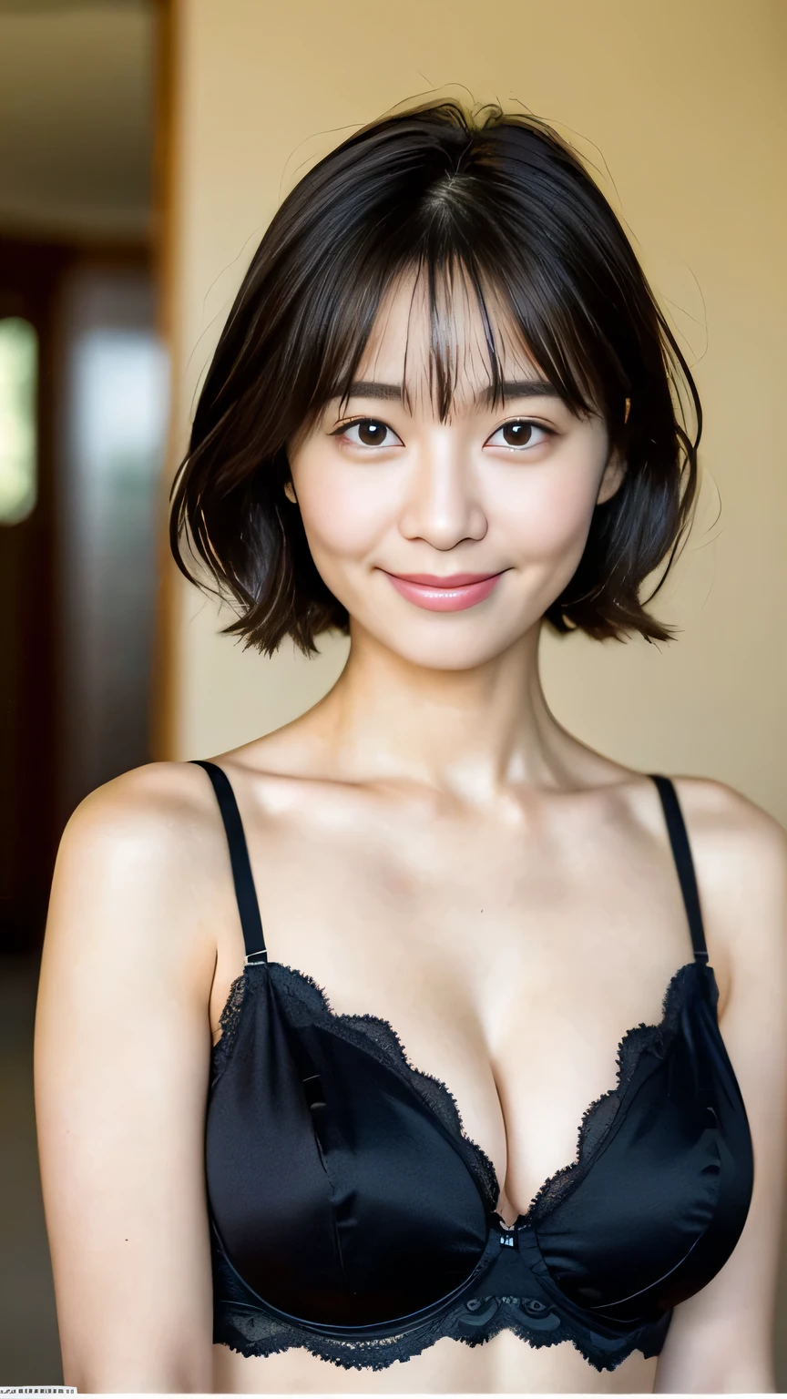 ((Medium shot scene、Two-thirds of the body is standing))highest quality、masterpiece、超A high resolution、(Photorealistic:1.4)、Japanese women、30-year-old woman,smile,short hair、Colorful and sexy bra、(Huge breasts:1.4)、Slightly chubby:1.2,Straight body,A little chubby face:1.2,Wrinkles around the eyes,Wrinkles at the corners of the mouth,Perfect body,Standing on one'My feet、