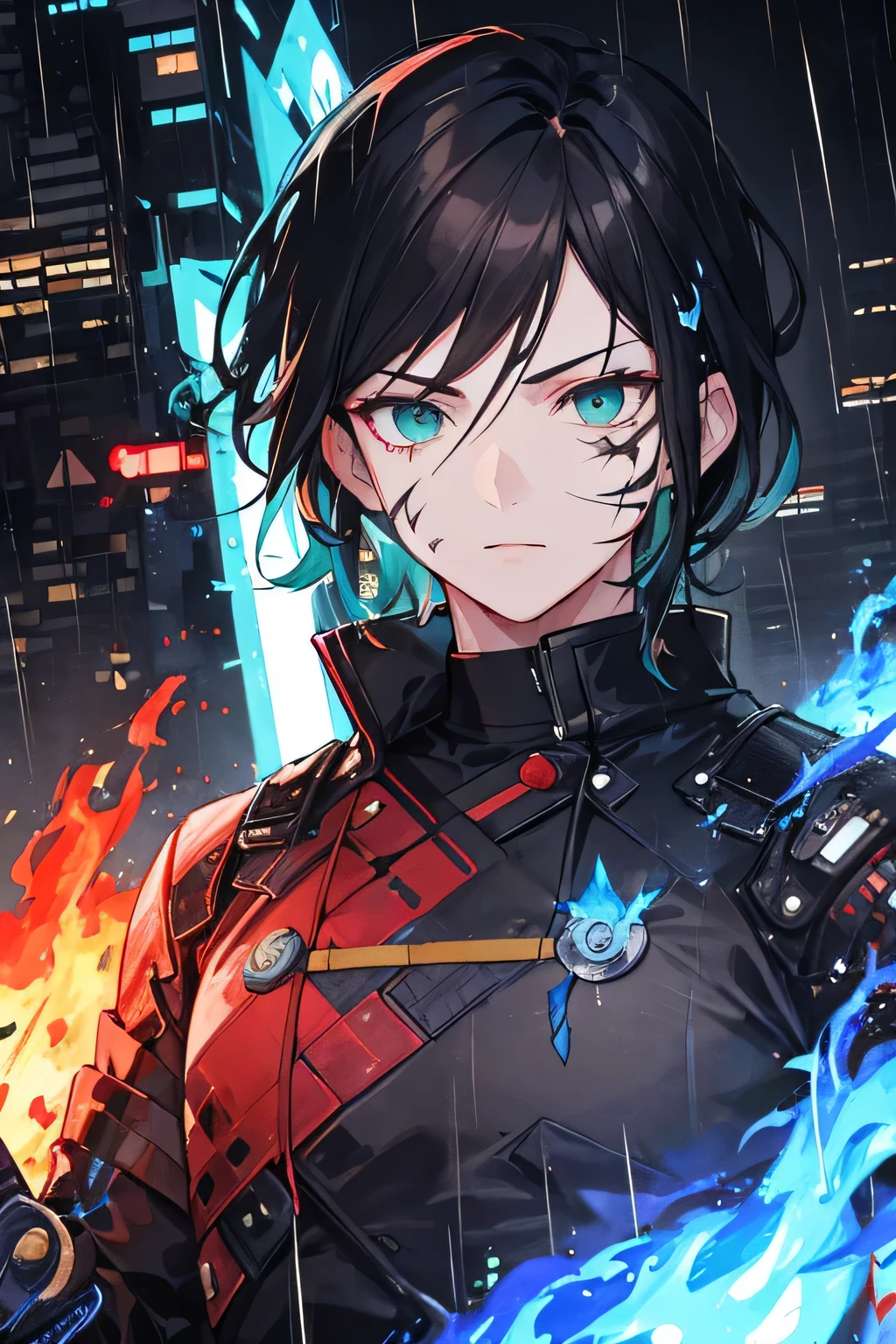 (Raining) (city) (Animated art style) (man with scars) (Cyberpunk) (Dual Swords on fire half blue fire half red fire) (dark green eyes) (Black hair) (green and brown Clothing) (man with scars) (two Katana) (guns) (Realistic) (Masculine face) (Strong man) (Realistic face)