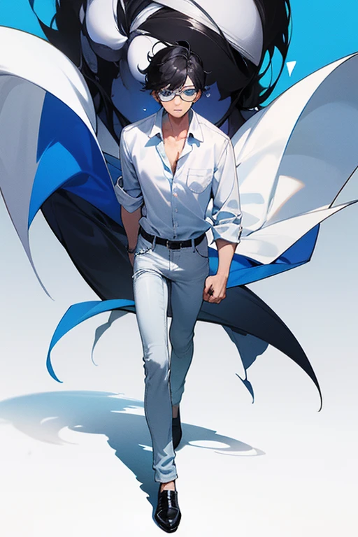 • a teacher male gender,
-description: Black hair, Blue eyes With glasses,(1,80 cm tall), 32 years old,
-wearing: White shirt, blue jeans, Black shoes,
-image background: school building, in the background,
