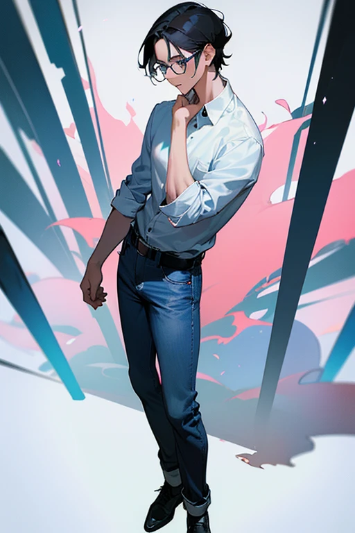 • a teacher male gender,
-description: Black hair, Blue eyes With glasses,(1,80 cm tall), 32 years old,
-wearing: White shirt, blue jeans, Black shoes,
-image background: school building, in the background,