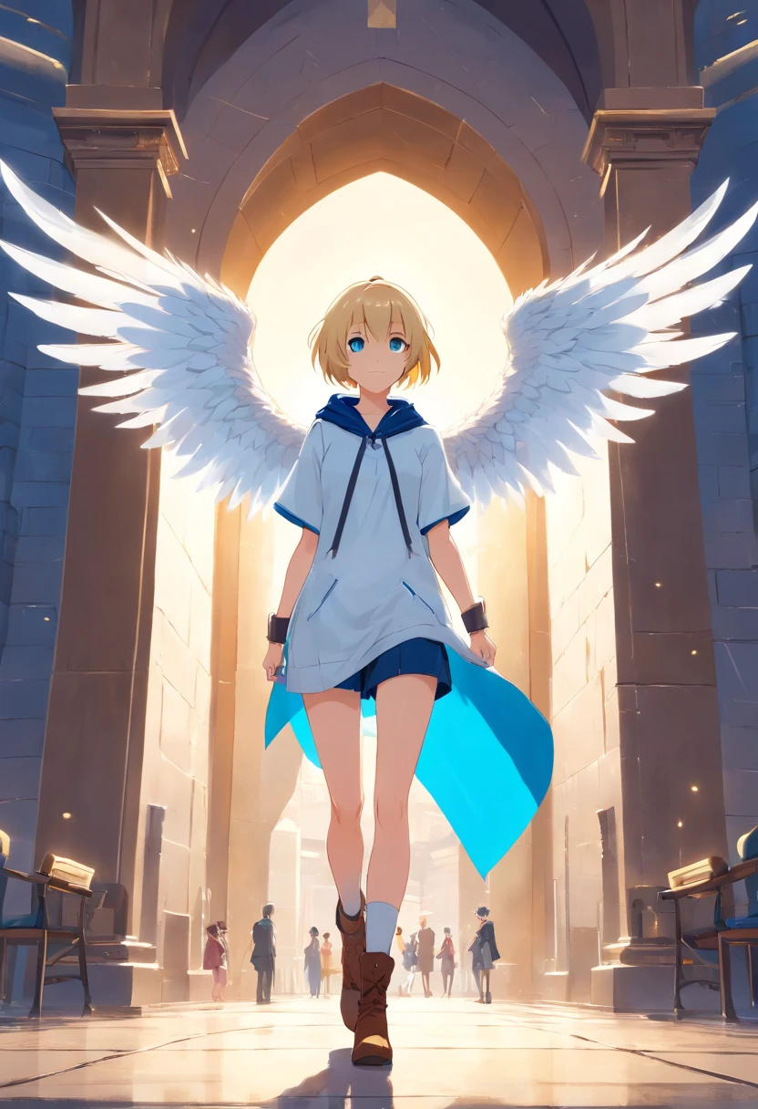 Women, ((Blonde)), ((Blue eyes)), ((Short hair)), ((Full Body)), standing in front of a monumental arch, looking forward confidently, with ((large white wings spread)), white tunic with hood over the head, ((Asassins creed style)), tied by a gold ribbon at the waist and an opening that shows the leg and high heels boots,