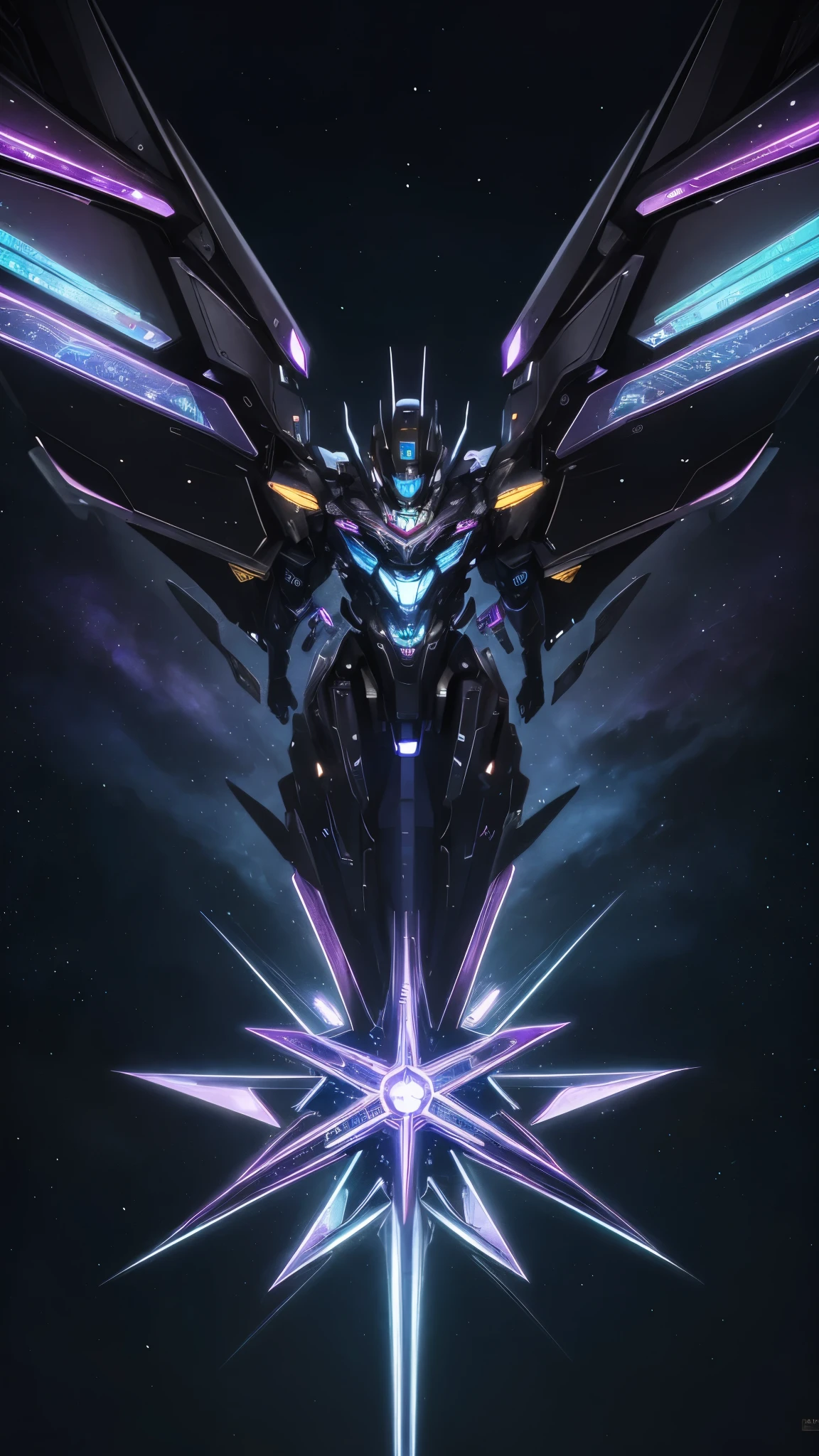 best quality, super fine, 16k, incredibly absurdres, extremely detailed, cool beautiful mecha, heptagram, iridescent neon light shooting into the sky from the top of seven-pointed star, kaleidoscope floating in the sky, beautiful, cool, cute, the moment of the birth of life, planetarium-like design artwork